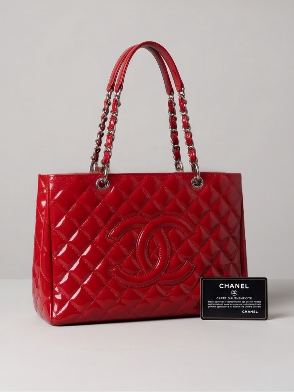CHANEL Red Patent Quilted Tote with Interlocking CC